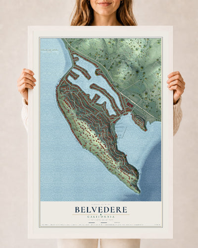 Map of Belvedere, California, 24 x 36 inch print in a white wood frame