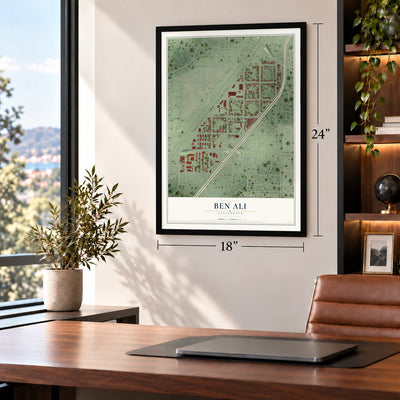 Ben Ali, California map, 18 x 24 inch print in a black frame in a home office