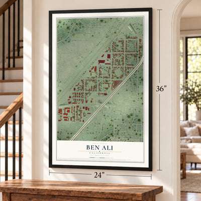 Ben Ali, California map, 24 x 36 inch print in a black frame by a staircase