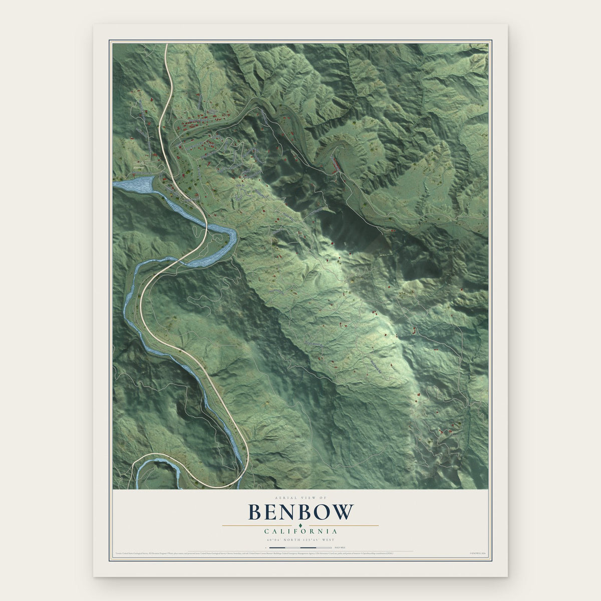 Benbow, California map print, the full design