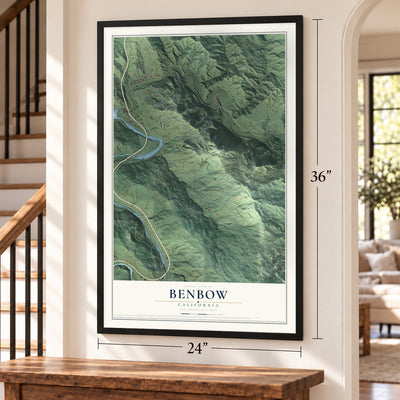 Benbow, California map, 24 x 36 inch print in a black frame by a staircase