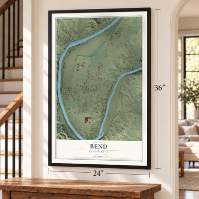 Bend, California map, 24 x 36 inch print in a black frame by a staircase