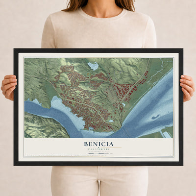 Map of Benicia, California, 12 x 18 inch print in a black wood frame