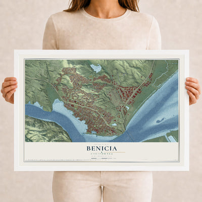 Map of Benicia, California, 12 x 18 inch print in a white wood frame