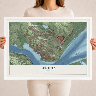 Map of Benicia, California, 18 x 24 inch print in a white wood frame