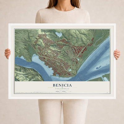 Map of Benicia, California, 24 x 36 inch print in a white wood frame