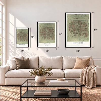 Benton Park, California map in 12 x 18, 18 x 24 and 24 x 36 inch sizes above a sofa