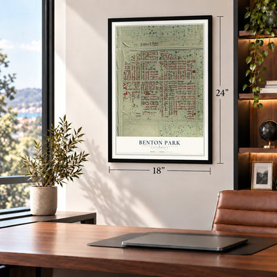 Benton Park, California map, 18 x 24 inch print in a black frame in a home office