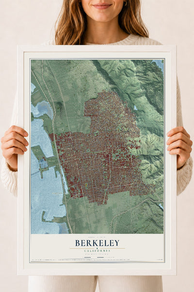 Map of Berkeley, California, 18 x 24 inch print in a white wood frame