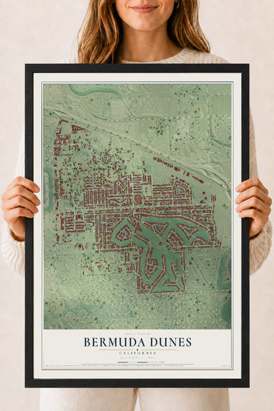 Map of Bermuda Dunes, California, 18 x 24 inch print in a black wood frame