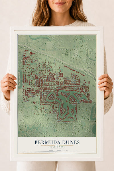 Map of Bermuda Dunes, California, 18 x 24 inch print in a white wood frame