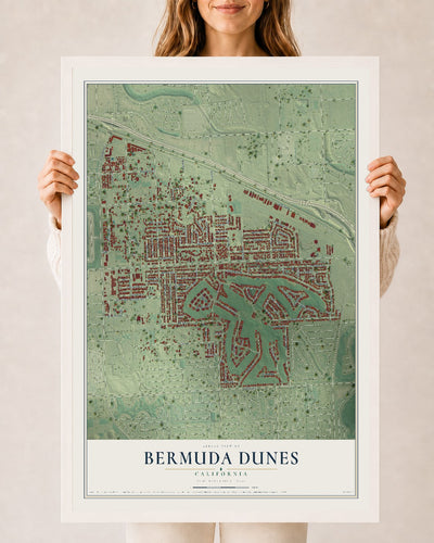 Map of Bermuda Dunes, California, 24 x 36 inch print in a white wood frame