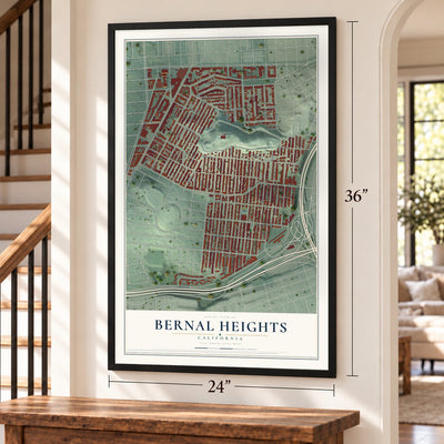 Bernal Heights, California map, 24 x 36 inch print in a black frame by a staircase