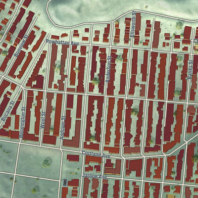 Close-up of the map of Bernal Heights, California print showing street and building detail
