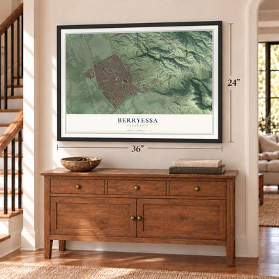 Berryessa, California map, 24 x 36 inch print in a black frame above a dresser by a staircase