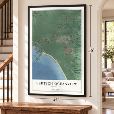 Bertsch-Oceanview, California map, 24 x 36 inch print in a black frame by a staircase