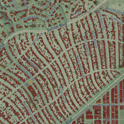 Close-up of the map of Beverly Hills, California print showing street and building detail