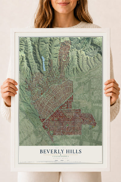 Map of Beverly Hills, California, 18 x 24 inch print in a white wood frame