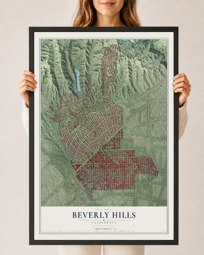 Map of Beverly Hills, California, 24 x 36 inch print in a black wood frame