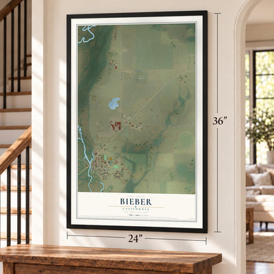 Bieber, California map, 24 x 36 inch print in a black frame by a staircase