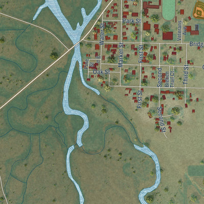 Close-up of the map of Bieber, California print showing street and building detail