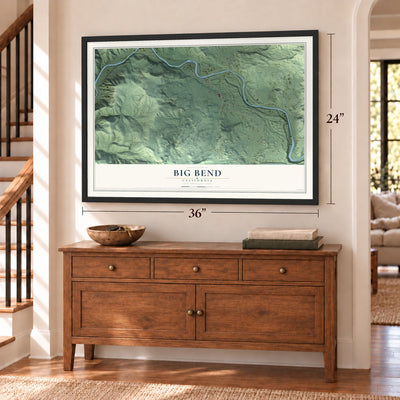 Big Bend, California map, 24 x 36 inch print in a black frame above a dresser by a staircase