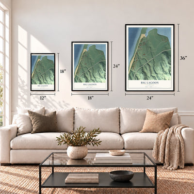 Big Lagoon, California map in 12 x 18, 18 x 24 and 24 x 36 inch sizes above a sofa