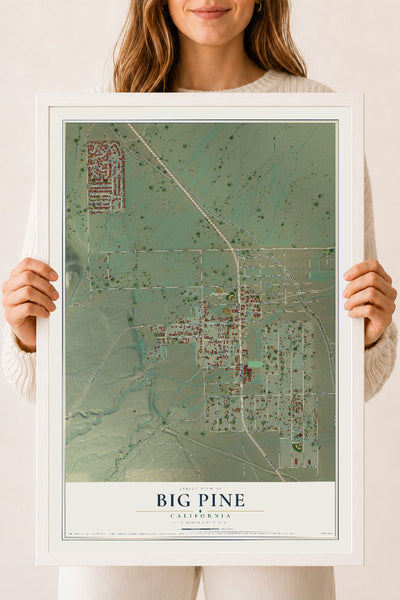 Map of Big Pine, California, 18 x 24 inch print in a white wood frame