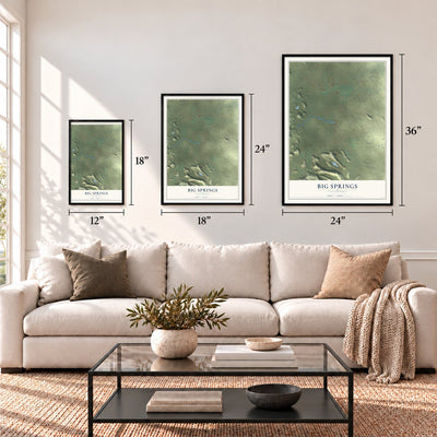 Big Springs, California map in 12 x 18, 18 x 24 and 24 x 36 inch sizes above a sofa