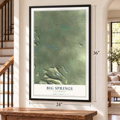 Big Springs, California map, 24 x 36 inch print in a black frame by a staircase