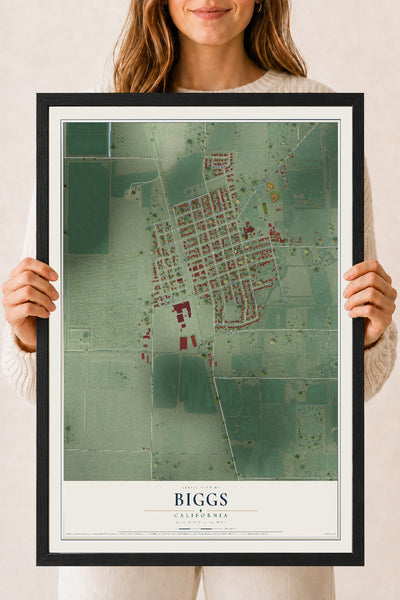 Map of Biggs, California, 18 x 24 inch print in a black wood frame