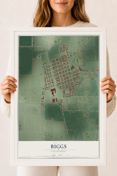 Map of Biggs, California, 18 x 24 inch print in a white wood frame