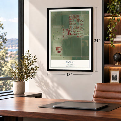 Biola, California map, 18 x 24 inch print in a black frame in a home office