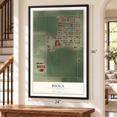 Biola, California map, 24 x 36 inch print in a black frame by a staircase
