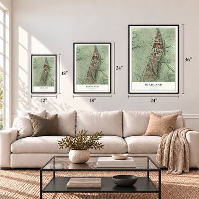 Birdland, California map in 12 x 18, 18 x 24 and 24 x 36 inch sizes above a sofa
