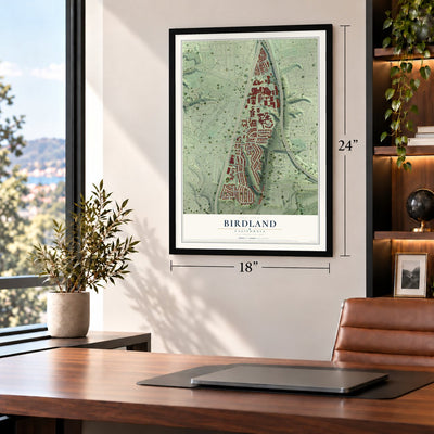 Birdland, California map, 18 x 24 inch print in a black frame in a home office