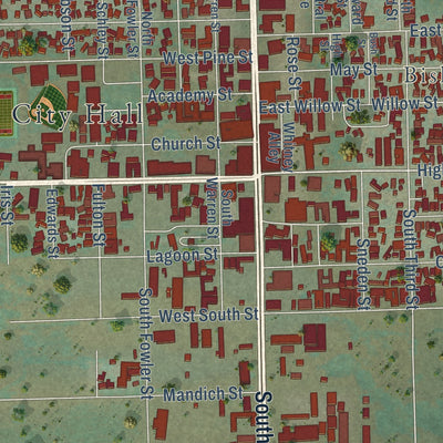 Close-up of the map of Bishop, California print showing street and building detail