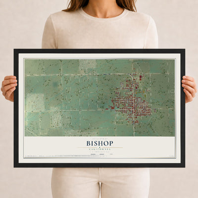Map of Bishop, California, 12 x 18 inch print in a black wood frame