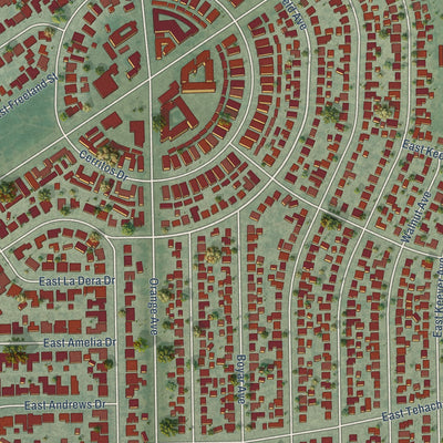 Close-up of the map of Bixby Knolls, California print showing street and building detail