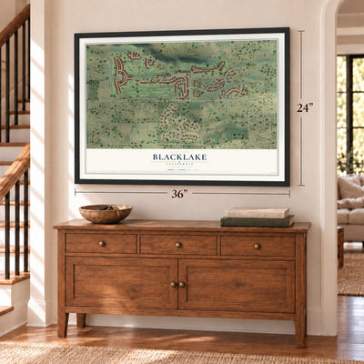 Blacklake, California map, 24 x 36 inch print in a black frame above a dresser by a staircase