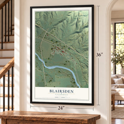 Blairsden, California map, 24 x 36 inch print in a black frame by a staircase