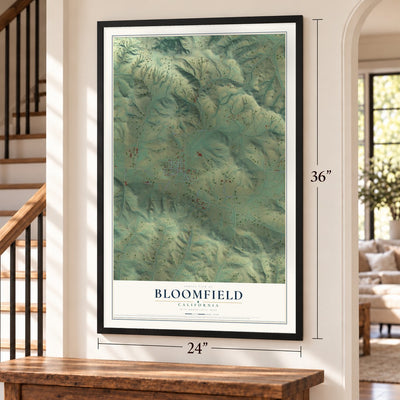 Bloomfield, California map, 24 x 36 inch print in a black frame by a staircase