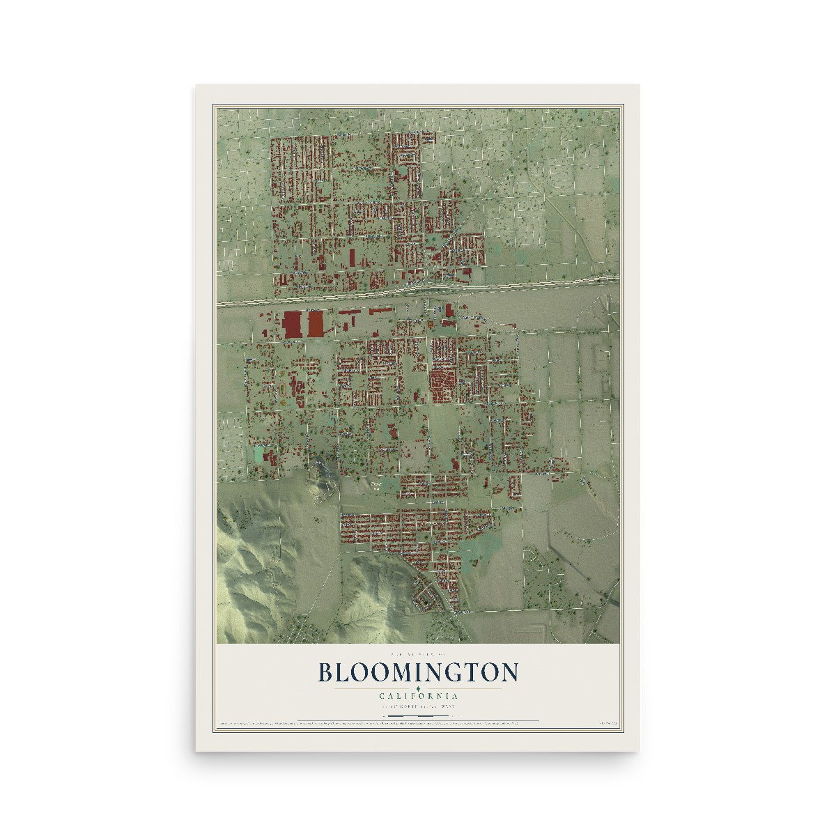 Map of Bloomington, California, 12 x 18 inch unframed archival matte print