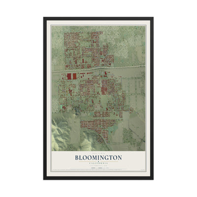 Map of Bloomington, California, 12 x 18 inch print in a black wood frame
