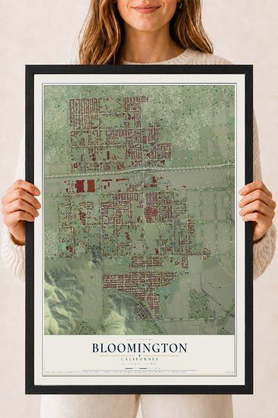Map of Bloomington, California, 18 x 24 inch print in a black wood frame