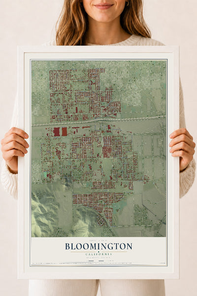 Map of Bloomington, California, 18 x 24 inch print in a white wood frame