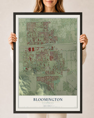 Map of Bloomington, California, 24 x 36 inch print in a black wood frame