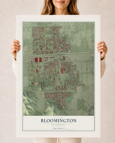 Map of Bloomington, California, 24 x 36 inch print in a white wood frame
