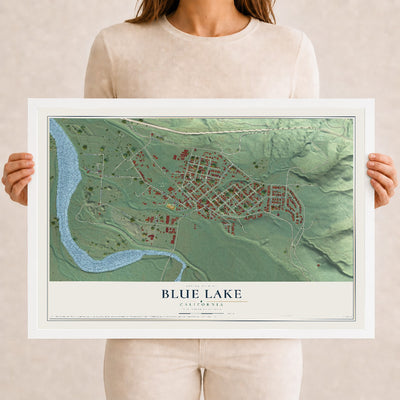 Map of Blue Lake, California, 12 x 18 inch print in a white wood frame