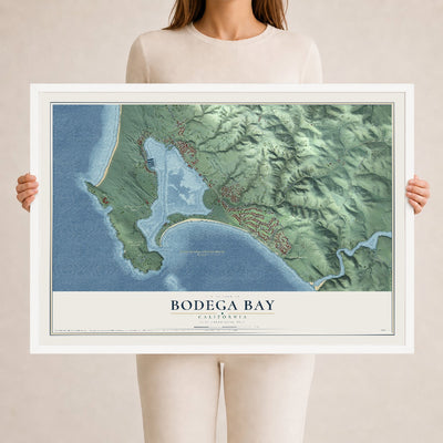 Map of Bodega Bay, California, 24 x 36 inch print in a white wood frame